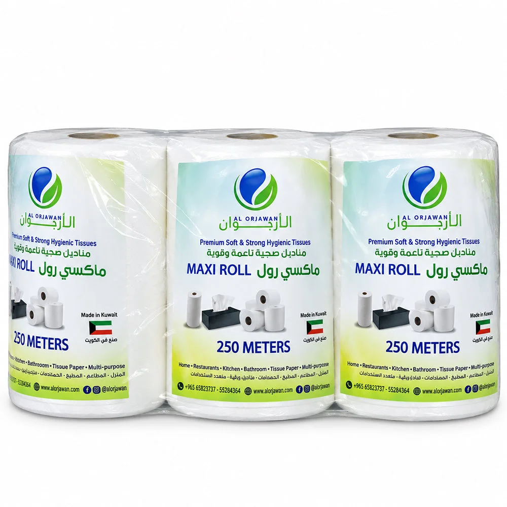 Al Orjawan Maxi Roll Premium Soft & Strong Hygiene Tissue 250 Meters × 3 Rolls