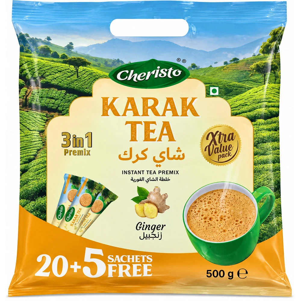 Cheristo Karak Tea 3in1 Ginger Instant Tea Premix 20+5 Free Sachets, 500g