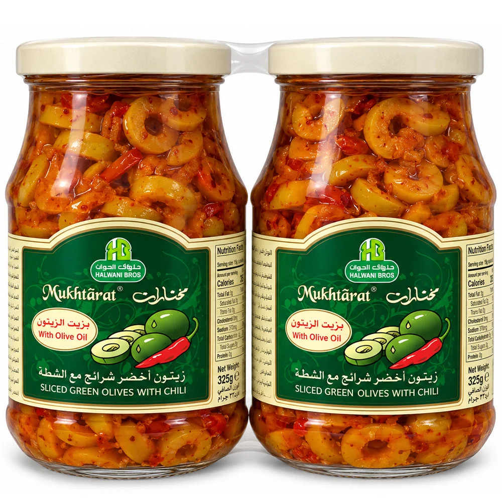Halwani Bros Mukhtarat Sliced Green Olives with Chili & Olive Oil 2×325g