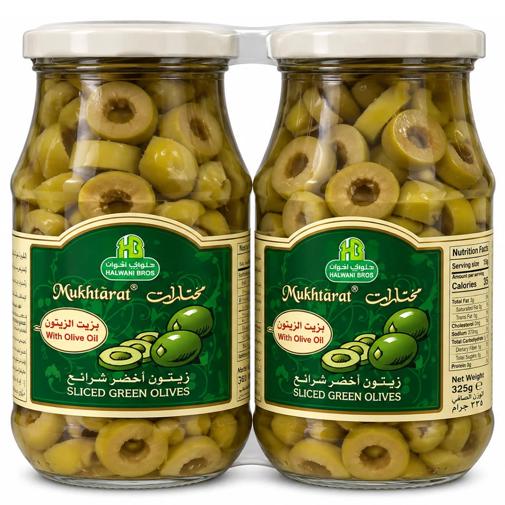 Halwani Bros Mukhtarat Sliced Green Olives with Olive Oil 2×325g